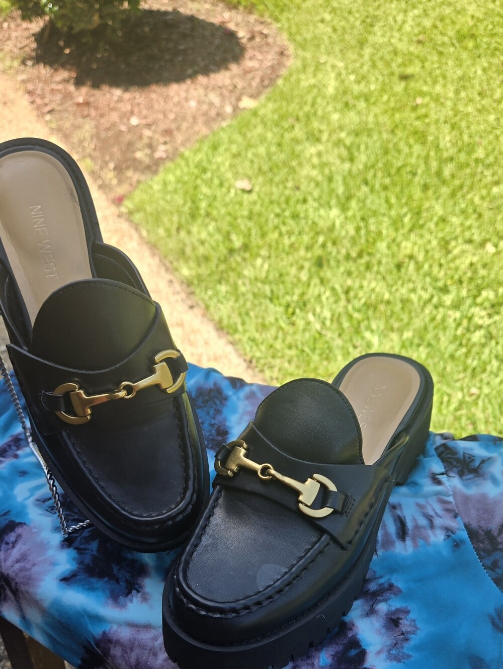 Nine West Black Leather Mule Loafers with Gold Hardware